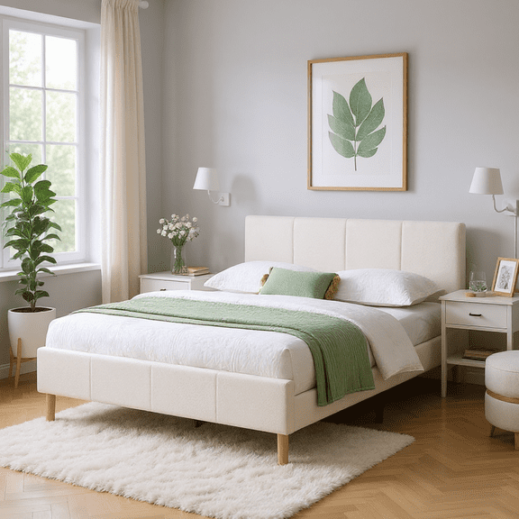 Gewnee King Size Platform Bed Frame with Upholstered Teddy Velvet Headboard - Wood Slat Support, Sturdy Construction.No Box Spring Required