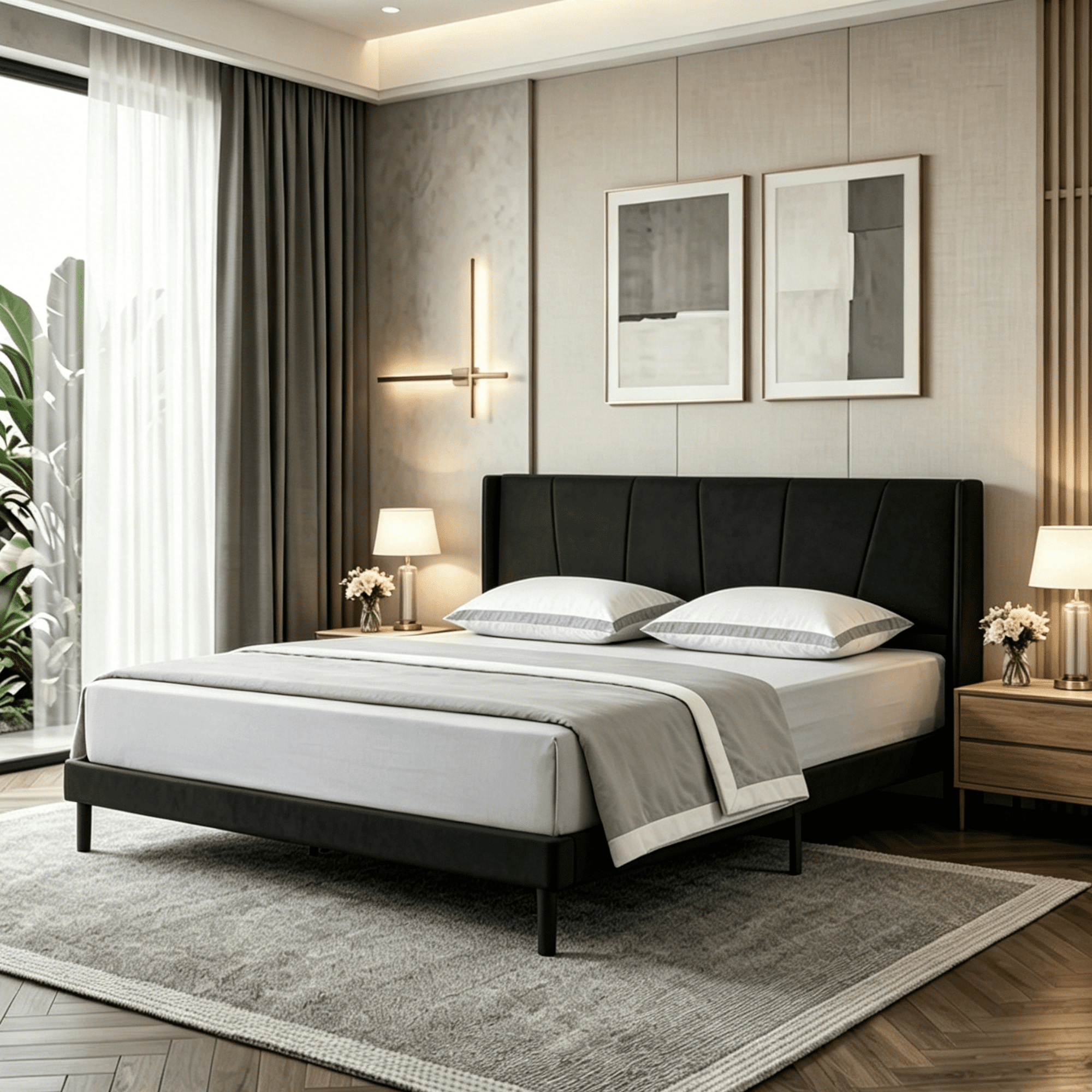 Gewnee King Size Platform Bed Frame with Upholstered Velvet Headboard,Wood Slats Support,Easy Assembly,No Box Spring Needed,Black