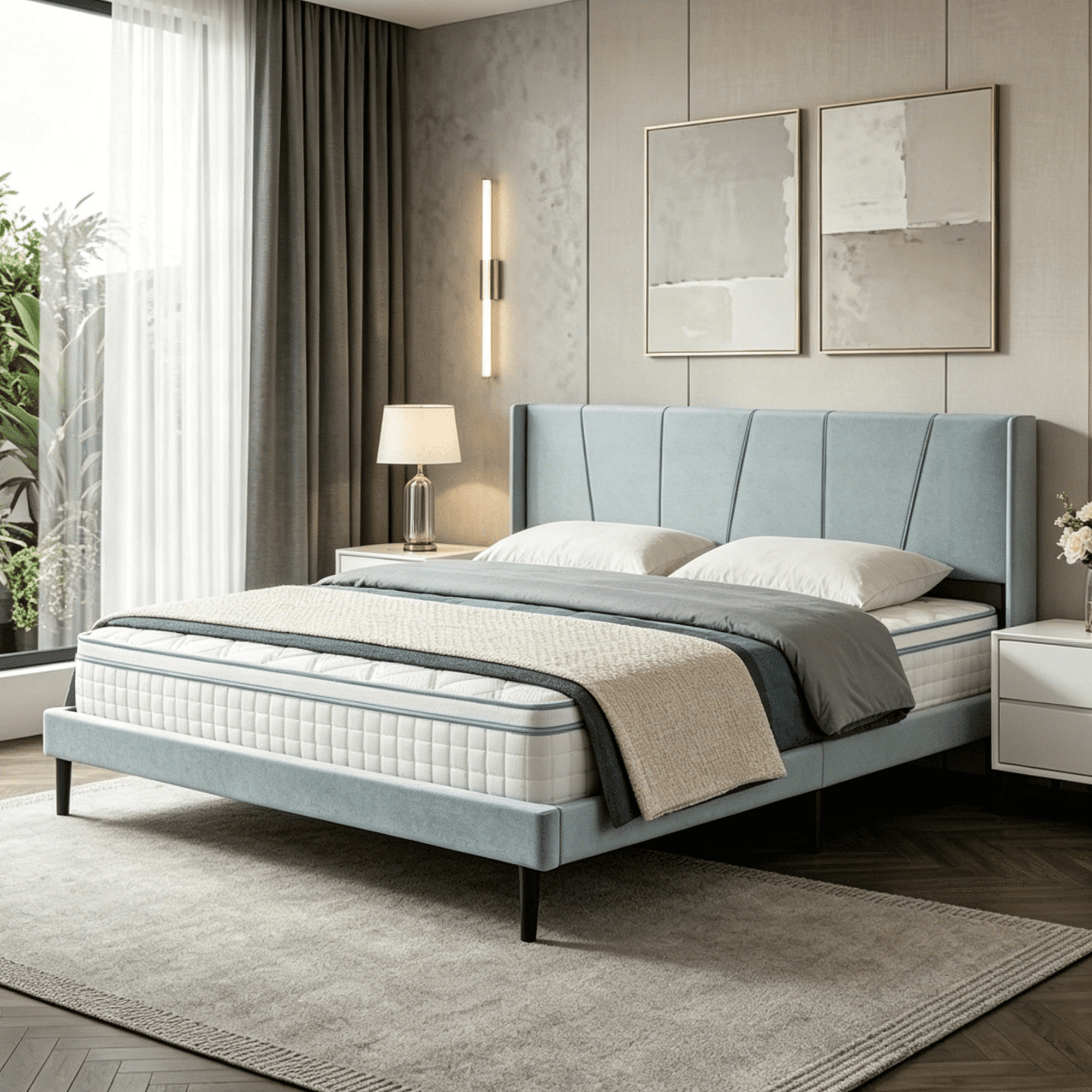 Gewnee King Size Platform Bed Frame with Upholstered Velvet Headboard,Wood Slats Support,Easy Assembly,No Box Spring Needed,Gray