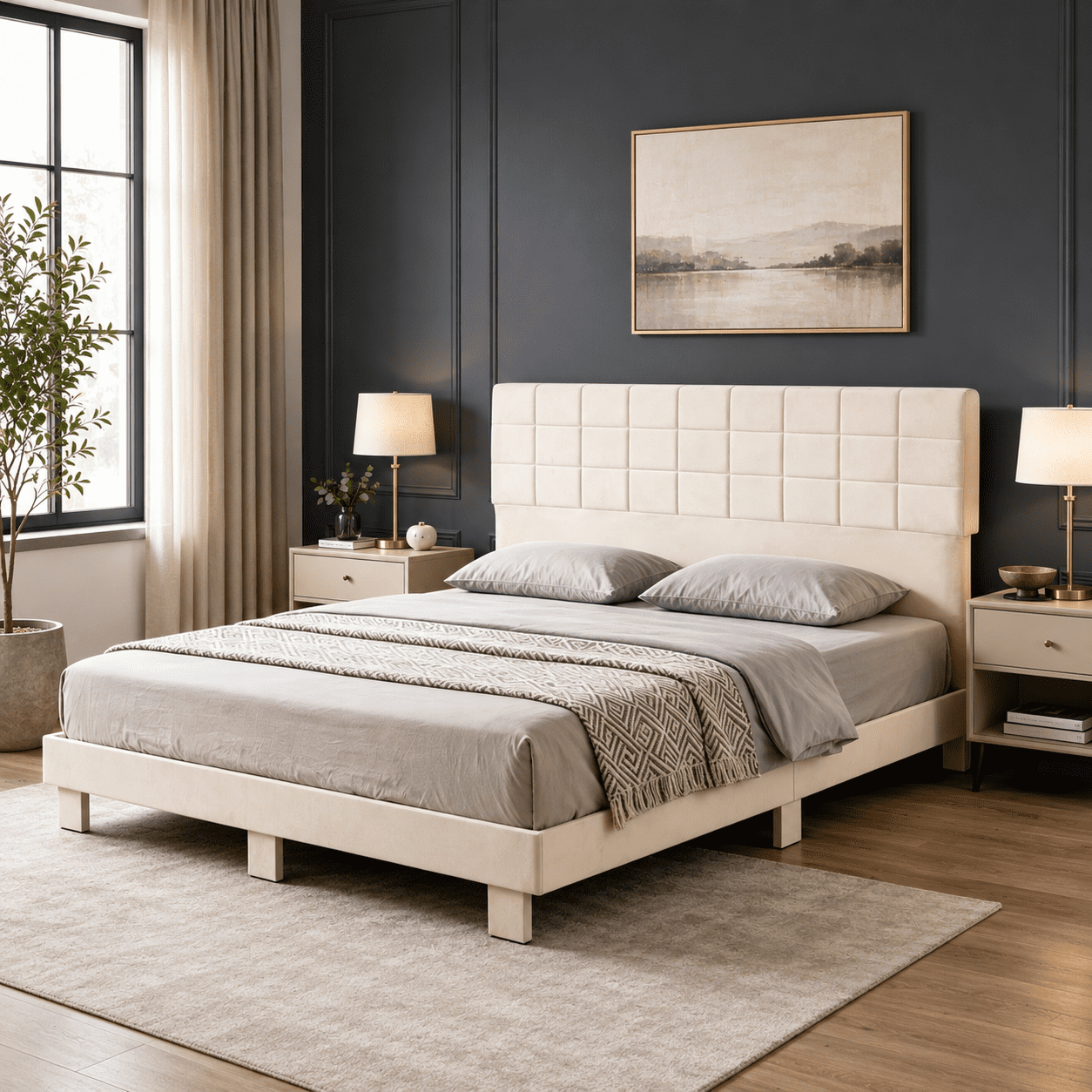 Gewnee King Size Platform Bed Frame with Velvet Upholstered Headboard, Wood Slats, No Box Spring Needed, Beige