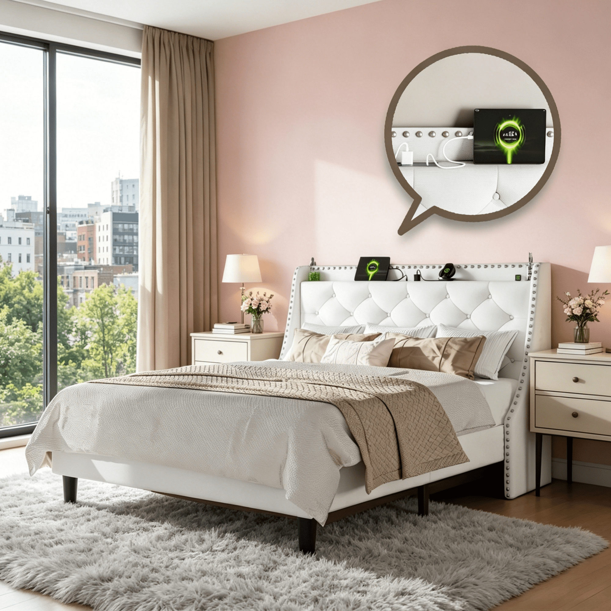Gewnee King Size Upholstered Platform Bed with Wingback Storage Headboard,Built-in Charging Station,16” Wide Button Tufted Headboard with Nailhead Trim,8” Underbed Storage,White