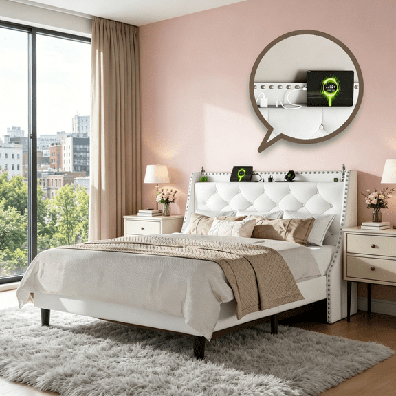 Gewnee King Size Upholstered Platform Bed with Wingback Storage Headboard,Built-in Charging Station,16” Wide Button Tufted Headboard with Nailhead Trim,8” Underbed Storage,White