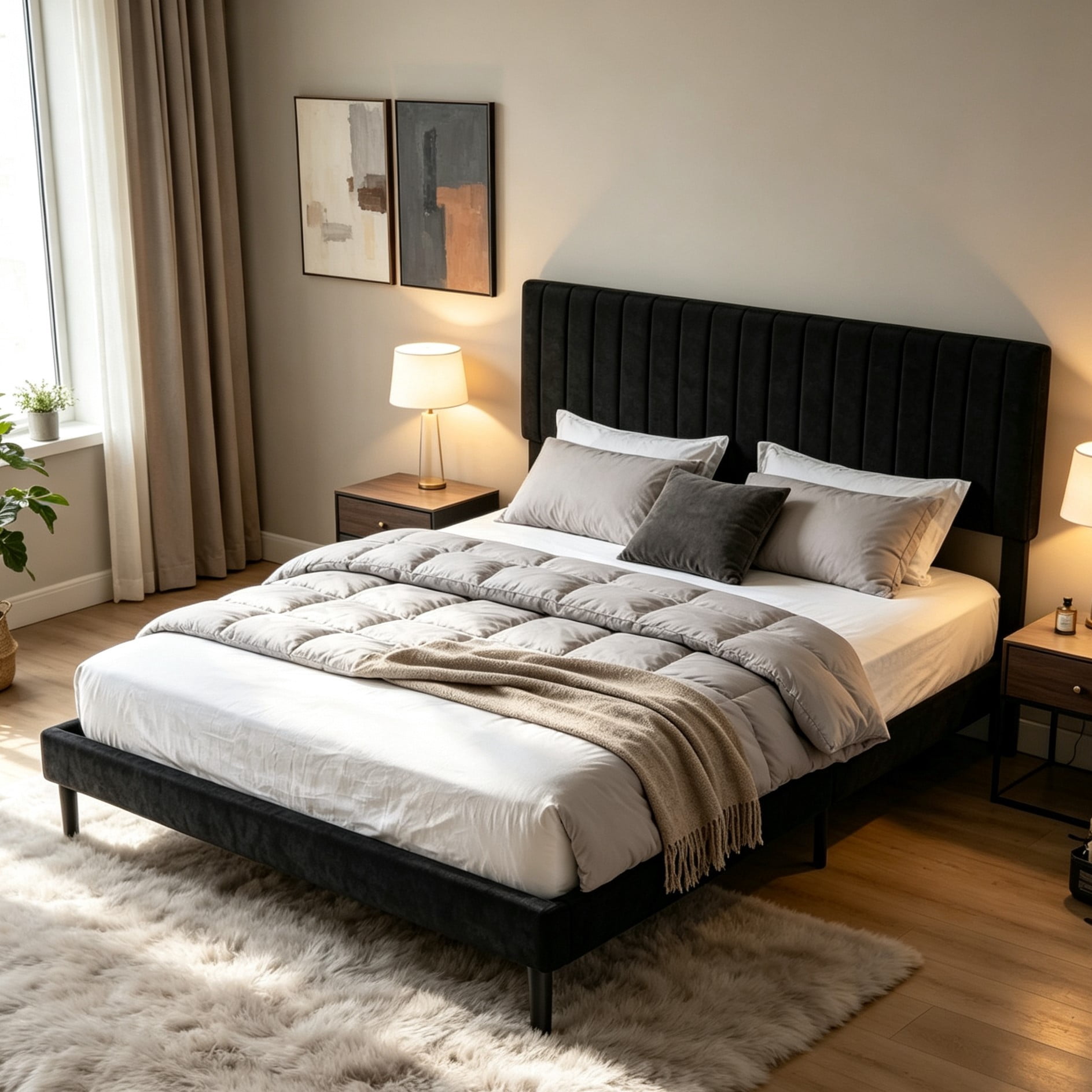 Gewnee King Size Upholstered Bed Frame,Velvet Platform Bed with Adjustable Headboard,Modern Bedroom Furniture with Wood Support,No Box Spring Needed,Black