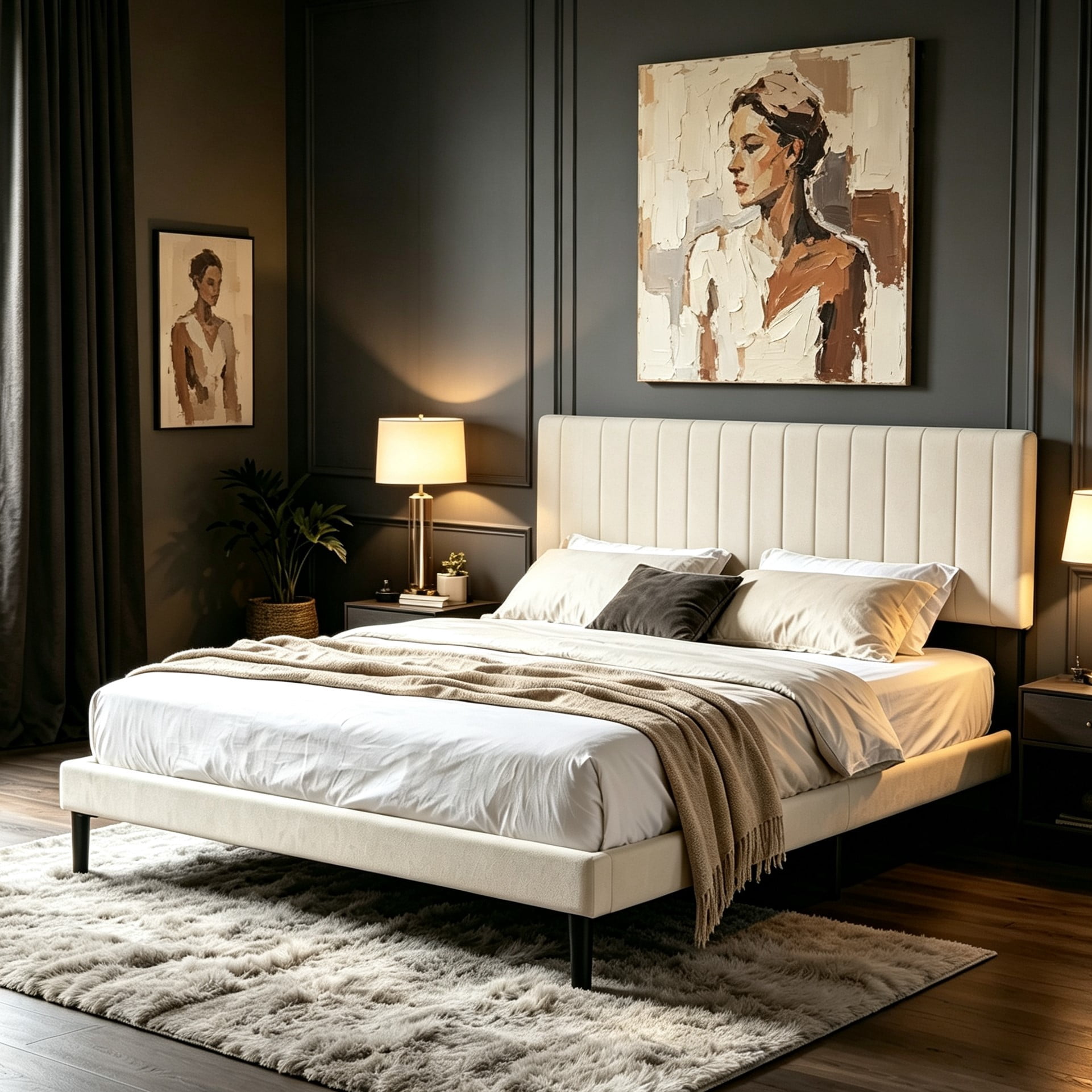 Gewnee King Size Upholstered Bed Frame,Velvet Platform Bed with Adjustable Headboard,Modern Bedroom Furniture with Wood Support,No Box Spring Needed,Beige