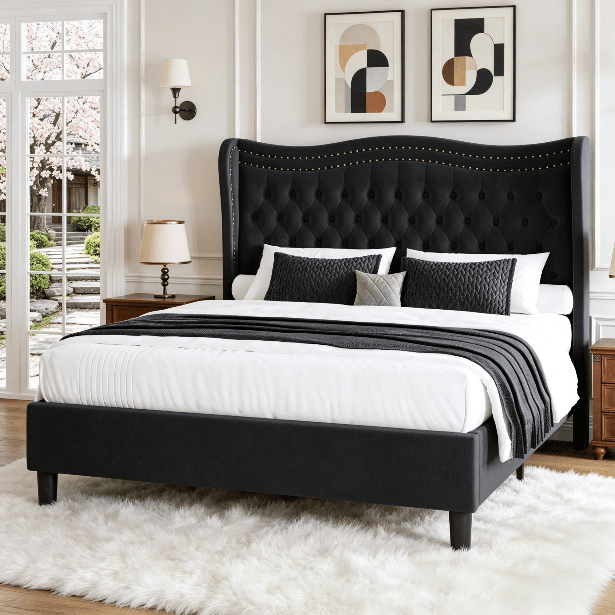 Gewnee King Size Upholstered Bed Frame with Wingback Headboard,Velvet Diamond Tufting Headboard and Double Nail Design Tufted Bed Frame,No Box Spring Needed.Black