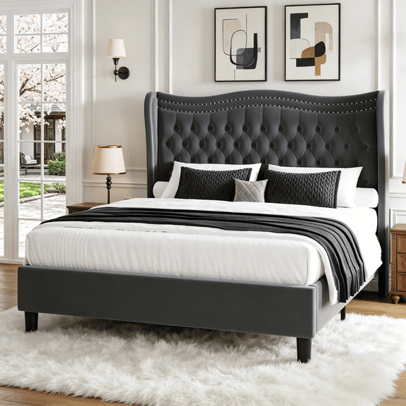 Gewnee King Size Upholstered Bed Frame with Wingback Headboard,Velvet Diamond Tufting Headboard and Double Nail Design Tufted Bed Frame,No Box Spring Needed.Gray