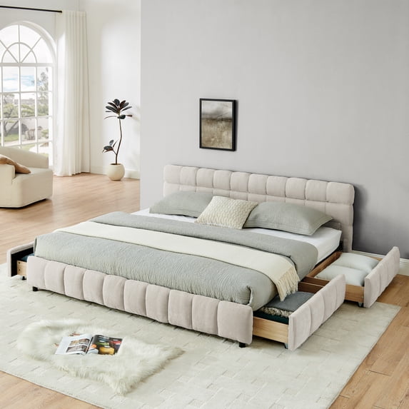 Gewnee King Size Upholstered Bed, Chenille Fabric, Solid Frame with Headboard and Storage Drawer, Bedroom, Beige