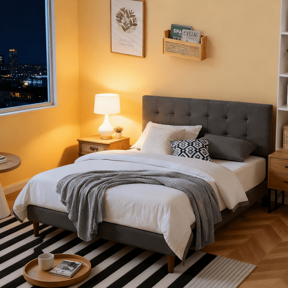 Gewnee King Size Upholstered Headboard Platform Bed Frame with Sturdy Wooden Strips for Support & Easy Installation,No Box Spring Required(Gray)