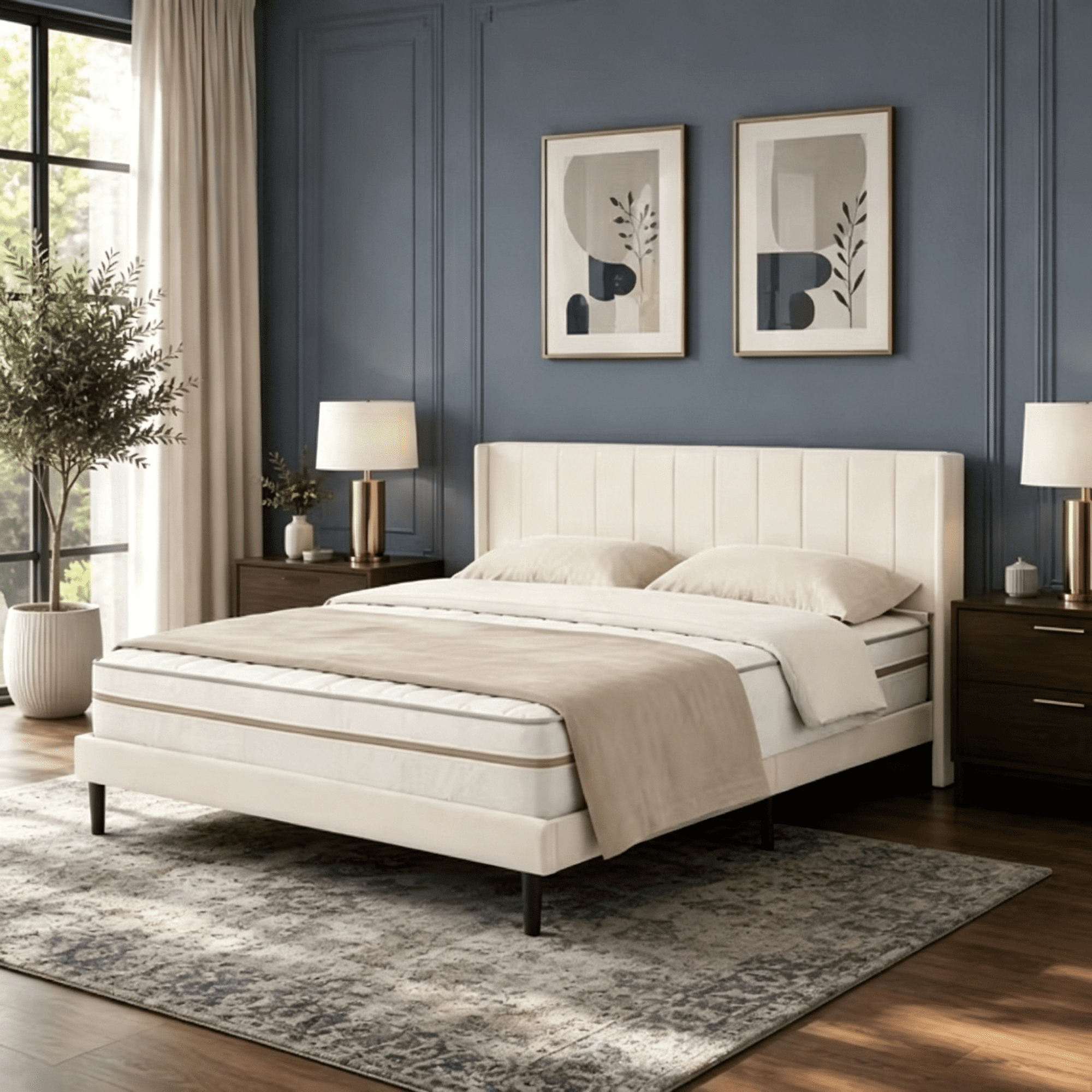 Gewnee King Size Upholstered Platform Bed Frame,Beige Velvet Headboard with Wood Slat Support.No Box Spring Needed