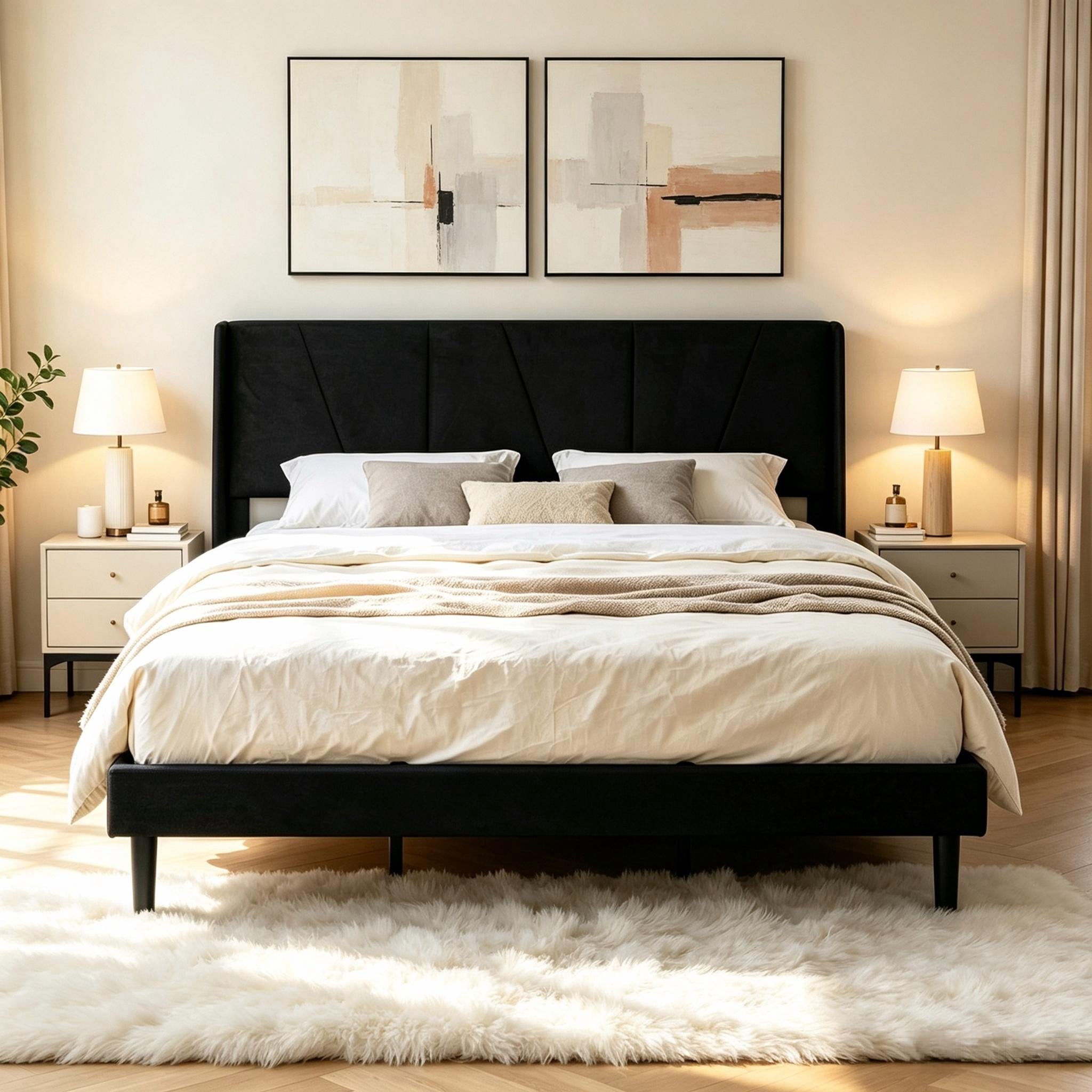 Gewnee King Size Bed Frame,Velvet Upholstery Platform Bed with Headboard,No Box Spring Needed,Black