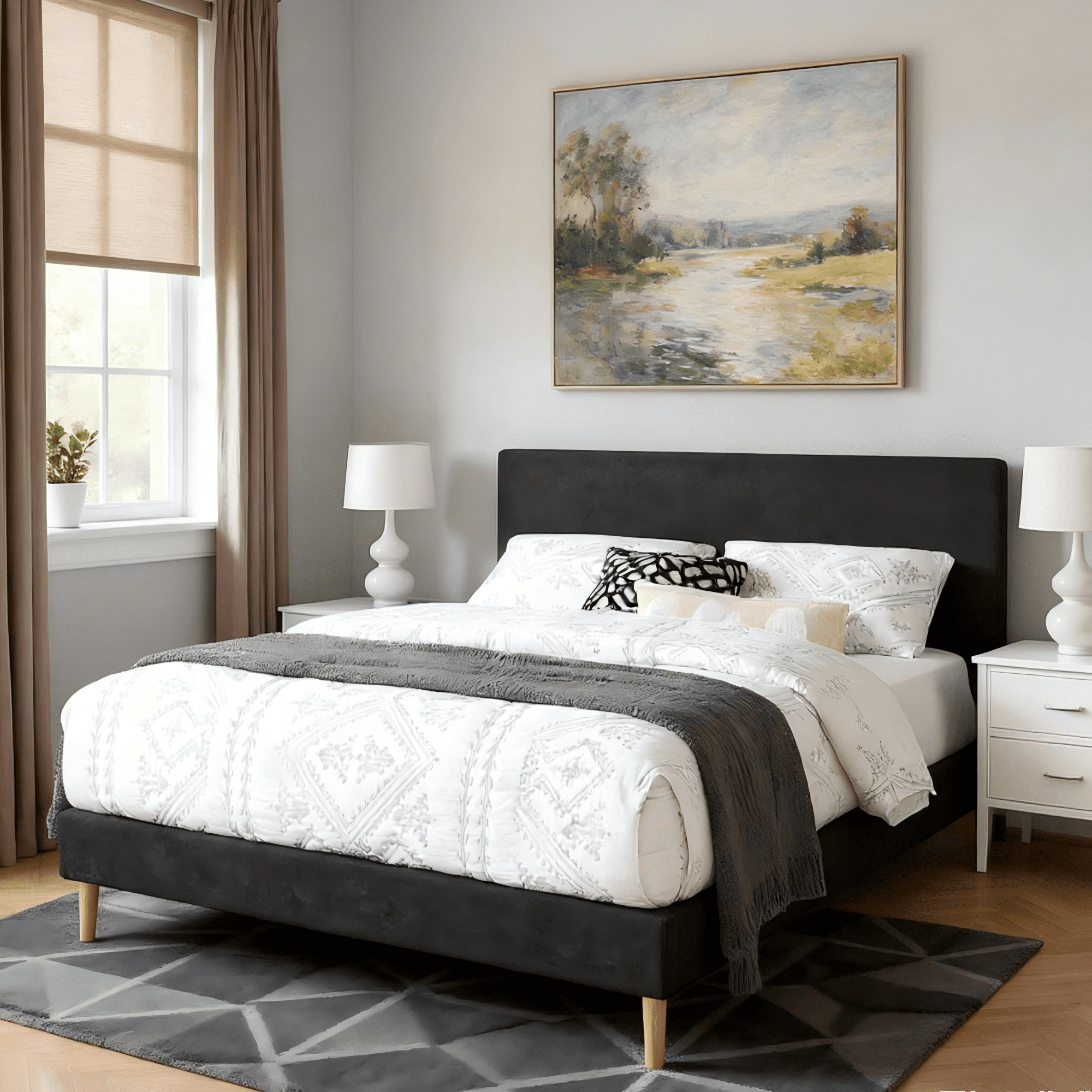 Gewnee King Size Upholstered Platform Bed Frame with Headboard,Sturdy Wood Slats & Center Support,No Box Spring Needed,Easy Assembly,Black