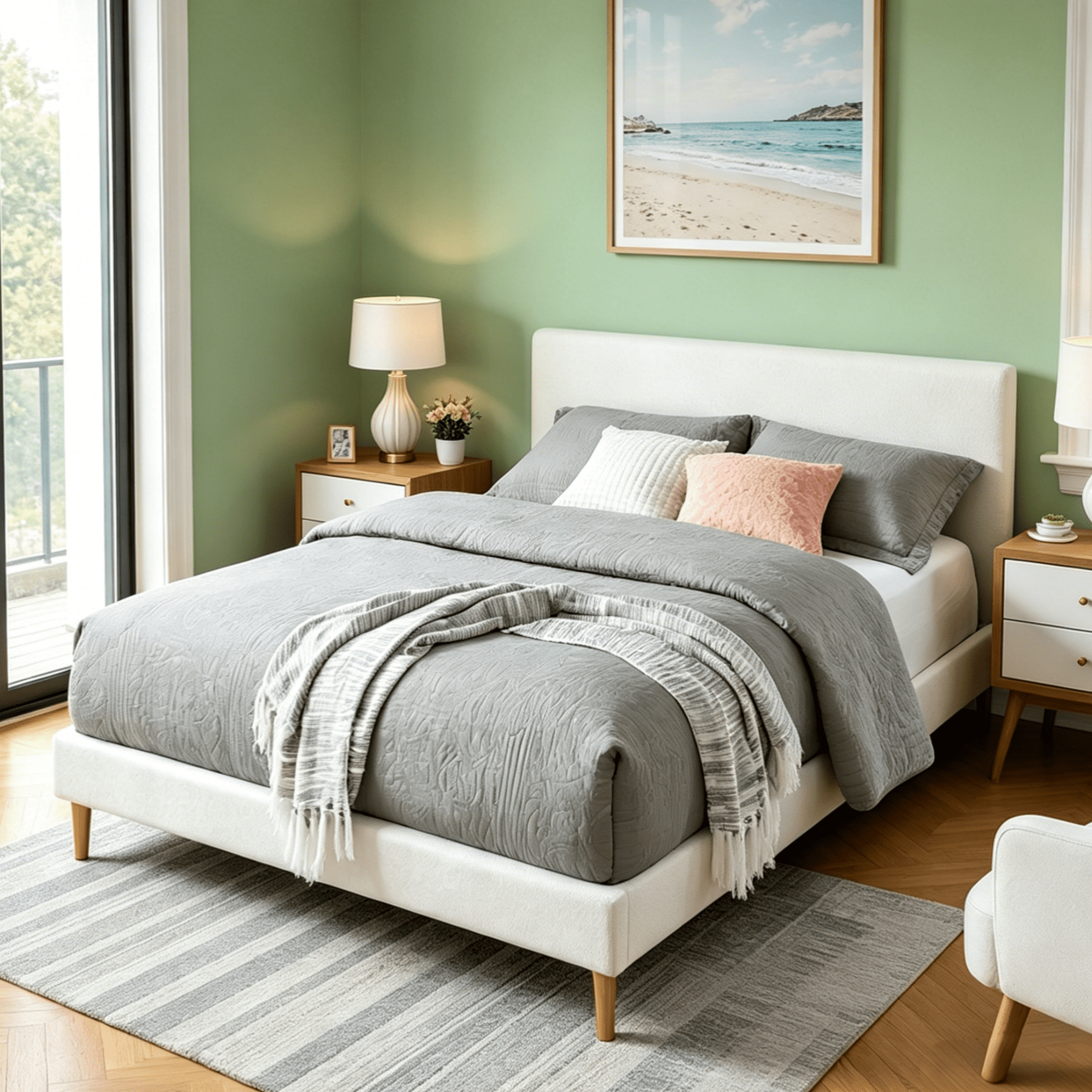 Gewnee King Size Upholstered Platform Bed Frame with Headboard,Sturdy Wood Slats & Center Support,No Box Spring Needed,Easy Assembly,White