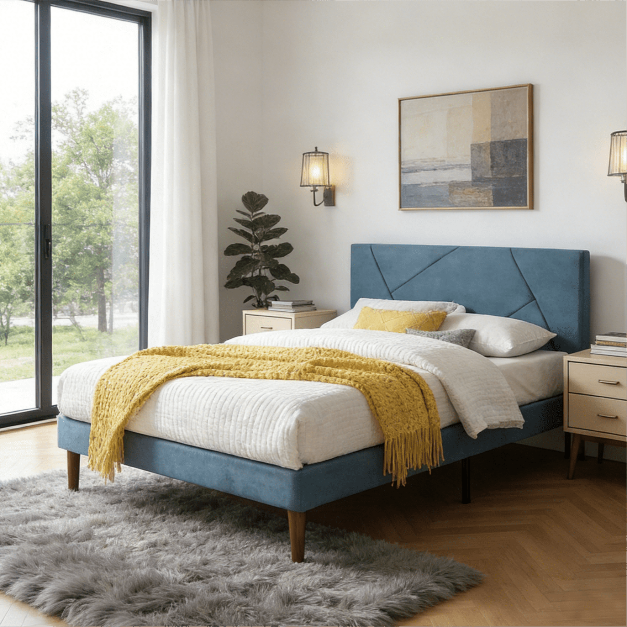 Gewnee King Size Upholstered Platform Bed Frame with Soft padded Headboard,Solid Wood Slats Support,Easy Assembly,No Box Spring Needed