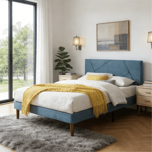 Gewnee King Size Upholstered Platform Bed Frame with Soft padded Headboard,Solid Wood Slats Support,Easy Assembly,No Box Spring Needed