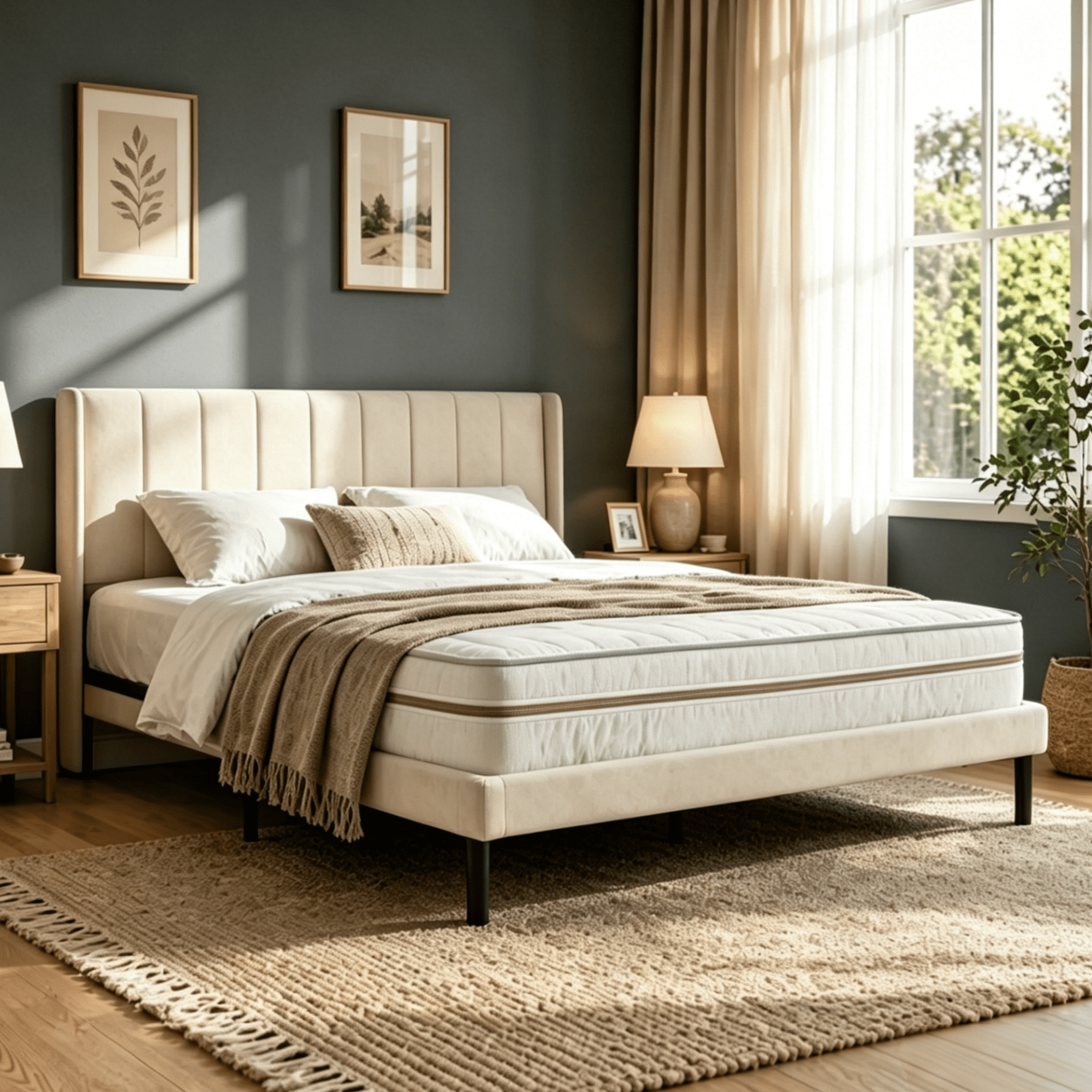 Gewnee King Size Upholstered Platform Bed Frame with Velvet Headboard,Wood Slats Support,Easy Assembly,No Box Spring Needed,Beige