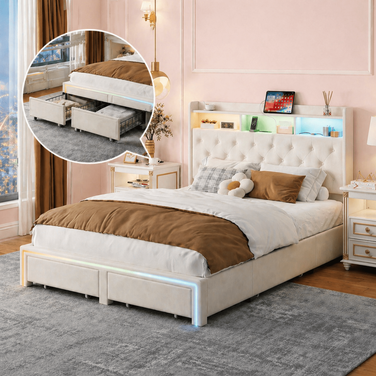 Gewnee King Size Velvet Upholstered Platform Bed Frame with RGB LED Lights, Charging Station, Storage Drawers, for Bedrooms & Guest Rooms