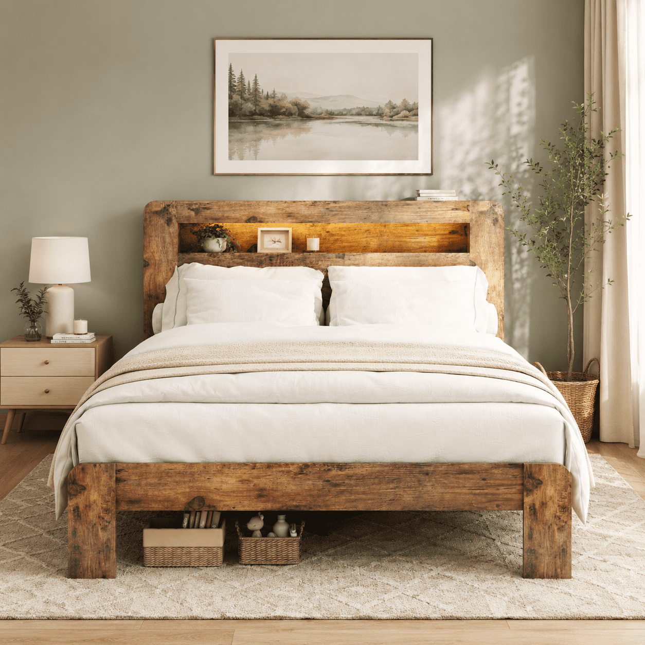 Gewnee King Size Wood Platform Bed Frame with LED Storage Headboard, No Box Spring Needed, Dark Brown