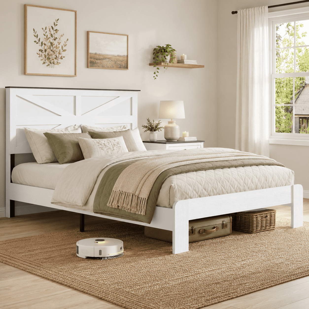 Gewnee King Size Wood Platform Bed Frame with Mi-Shaped Headboard, Metal Support, No Box Spring Needed, White
