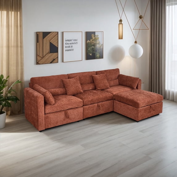 Gewnee L Shape 3 Seats Comfy Chenille Sectional Storage Sofa with Convertible Movable Ottoman Modular Couch for Living Room