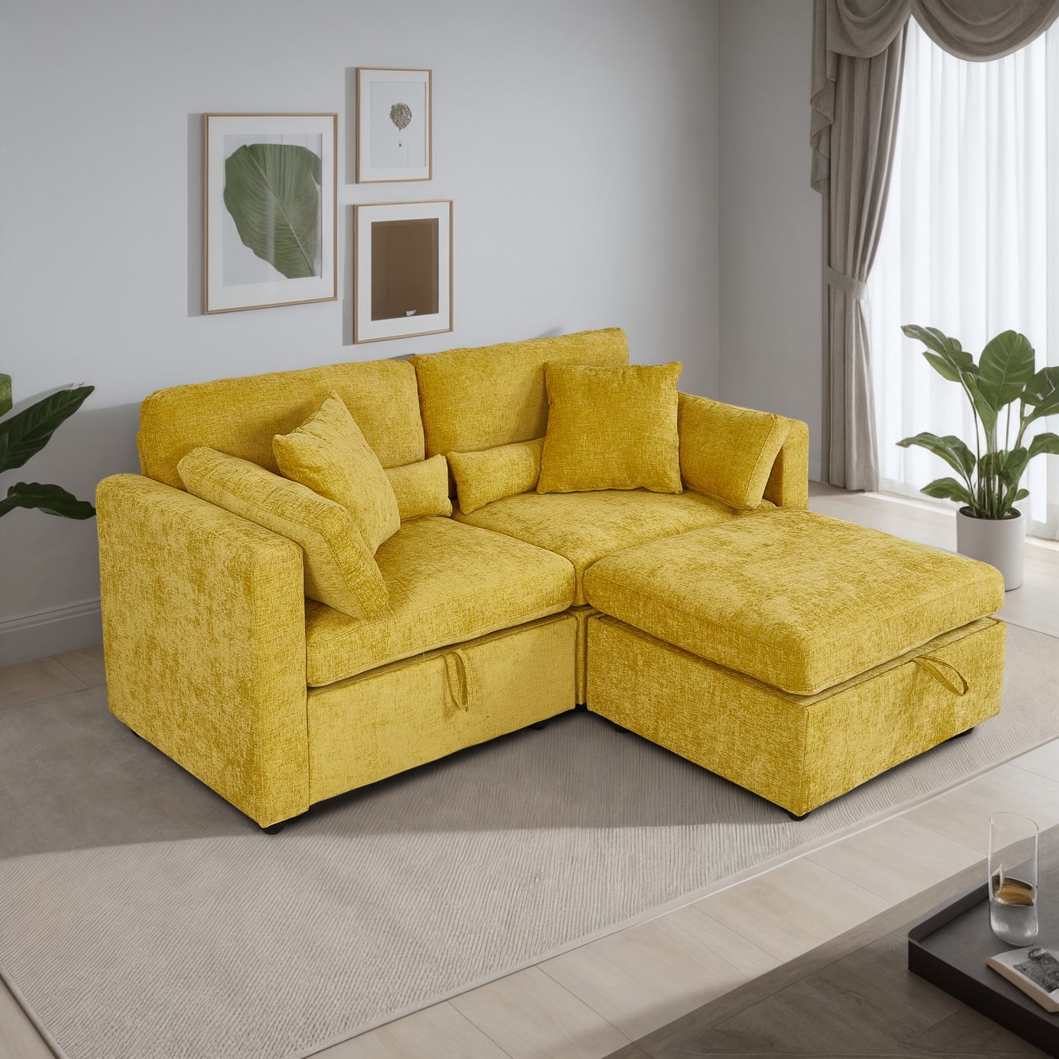 Gewnee L Shape Loveseat with Ottoman, Free Combination Modular Convertible Sectional Storage Sofa for Living Room