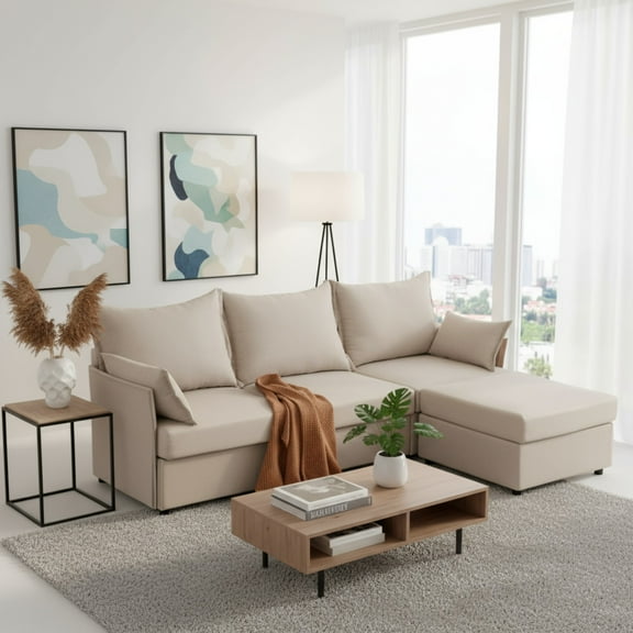 Gewnee 93.7" L-Shaped 3-Seat Sectional Sofa,Deep Seat with Ottoman & Chaise,Suitable for Home、Office and Living Room.Beige