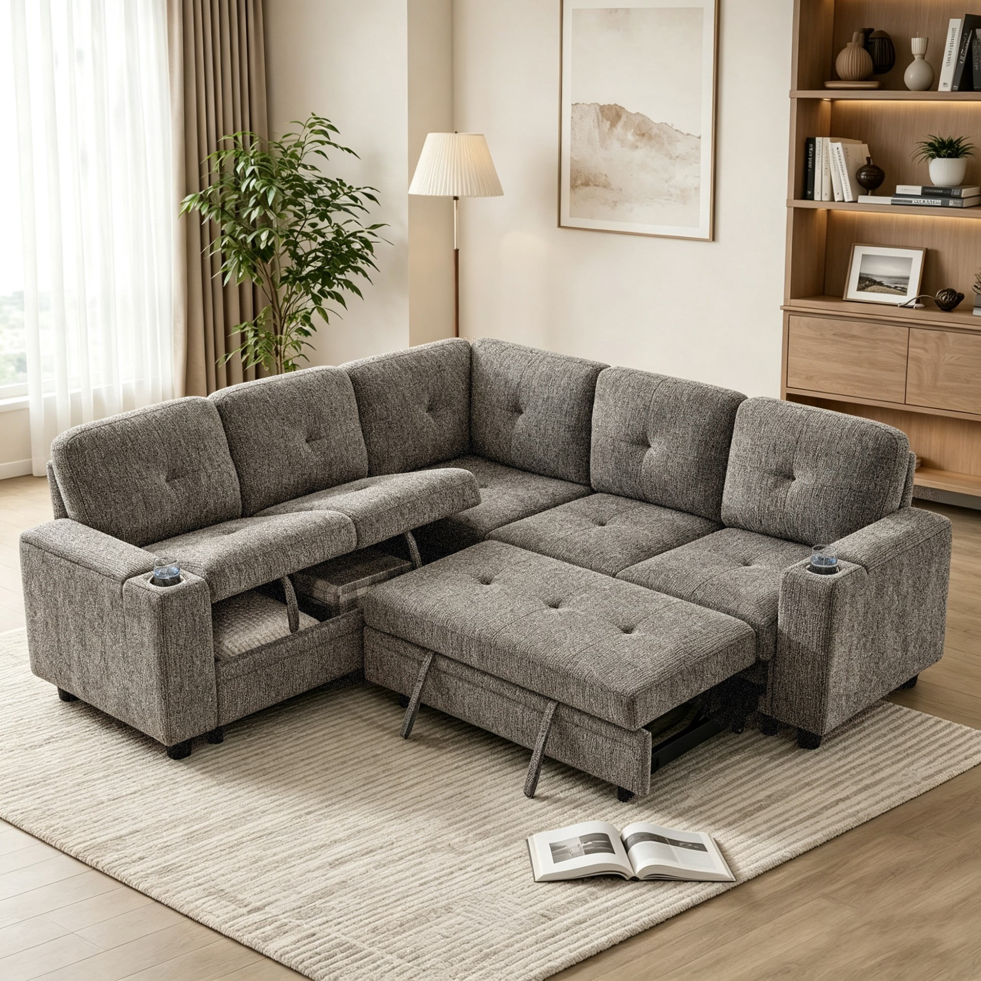 Gewnee L-Shaped Sectional Sofa,Modern Chenille Modular Sofa with Storage Function,USB‑C Charging Ports & Cup Holders,Pull Out Couch for Living Room,Grey