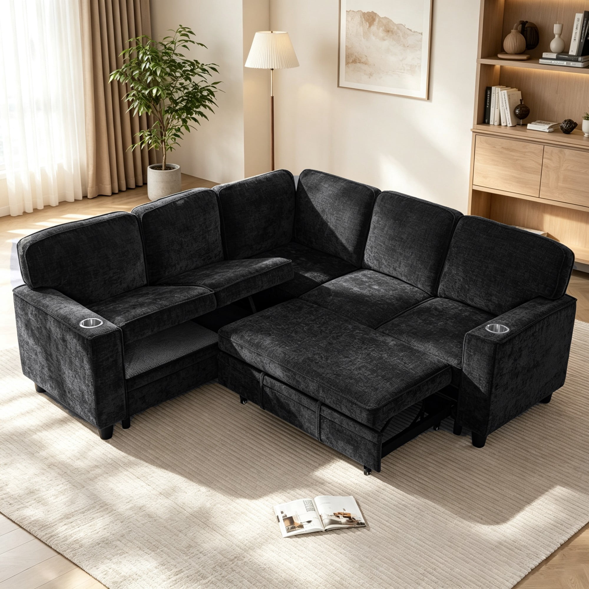 Gewnee L-Shaped Sectional Sofa,Modern Chenille Modular Sofa with Storage Function,USB‑C Charging Ports & Cup Holders,Pull Out Couch for Living Room,Charcoal Grey