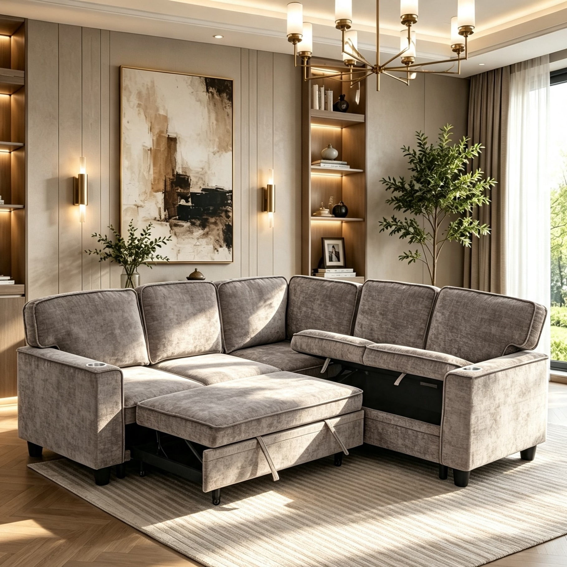 Gewnee L-Shaped Sectional Sofa,Modern Chenille Modular Sofa with Storage Function,USB‑C Charging Ports & Cup Holders,Pull Out Couch for Living Room,Light Brown