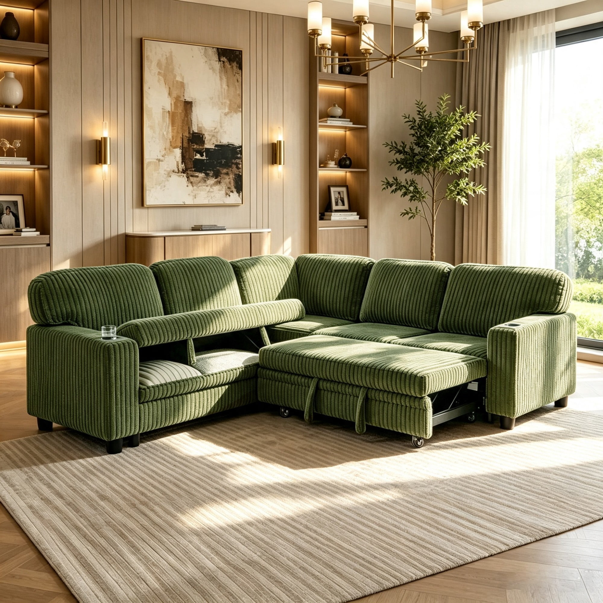 Gewnee L-Shaped Sectional Sofa,Modern Corduroy Modular Sofa with Storage Function,USB‑C Charging Ports & Cup Holders,Pull Out Couch for Living Room,Olive Green