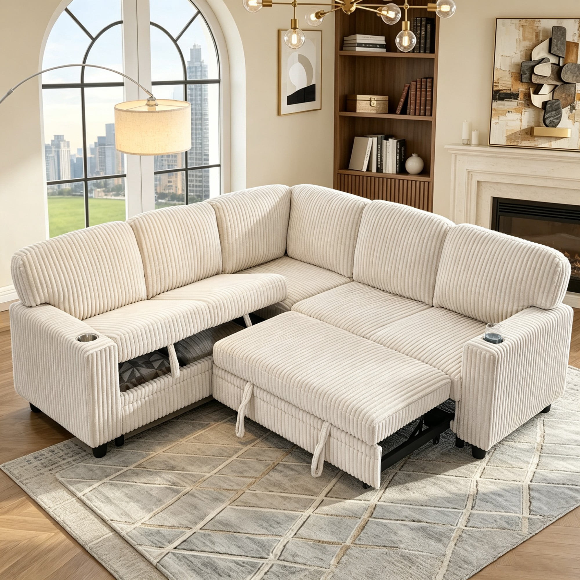 Gewnee L-Shaped Sectional Sofa,Modern Corduroy Modular Sofa with Storage Function,USB‑C Charging Ports & Cup Holders,Pull Out Couch for Living Room,Beige