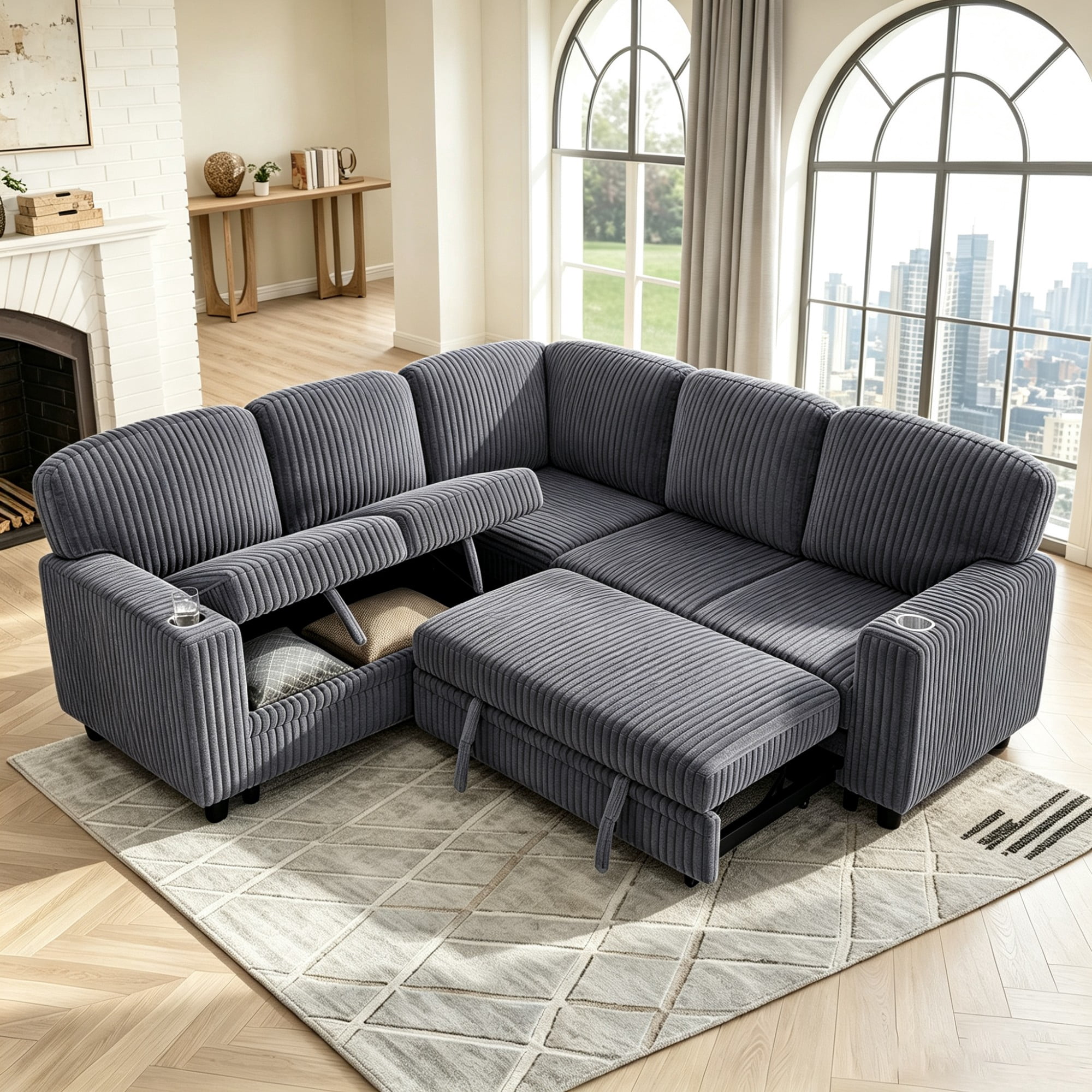 Gewnee L-Shaped Sectional Sofa,Modern Corduroy Modular Sofa with Storage Function,USB‑C Charging Ports & Cup Holders,Pull Out Couch for Living Room,Grey