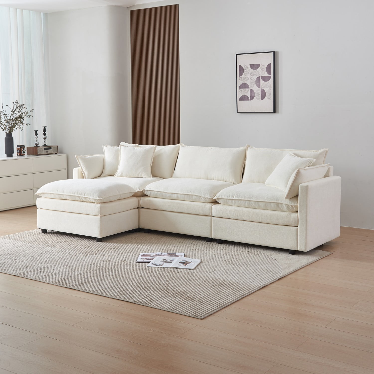 Gewnee L-Shaped Chenille Sectional Sofa Cloud Couch with Ottoman, Reversible Sofa for Living Rooms
