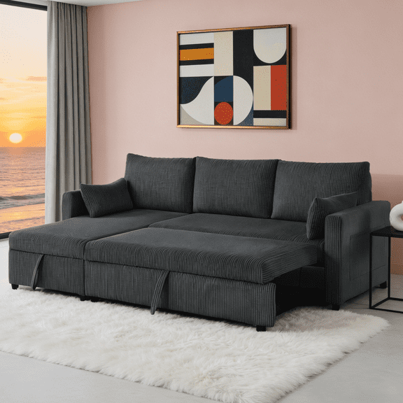 Gewnee L-Shaped Corduroy Convertible Sleeper Sofa Bed with Storage Chaise, 3-Seater Corduroy Sectional Couch for Small Living Room Apartment Office Black