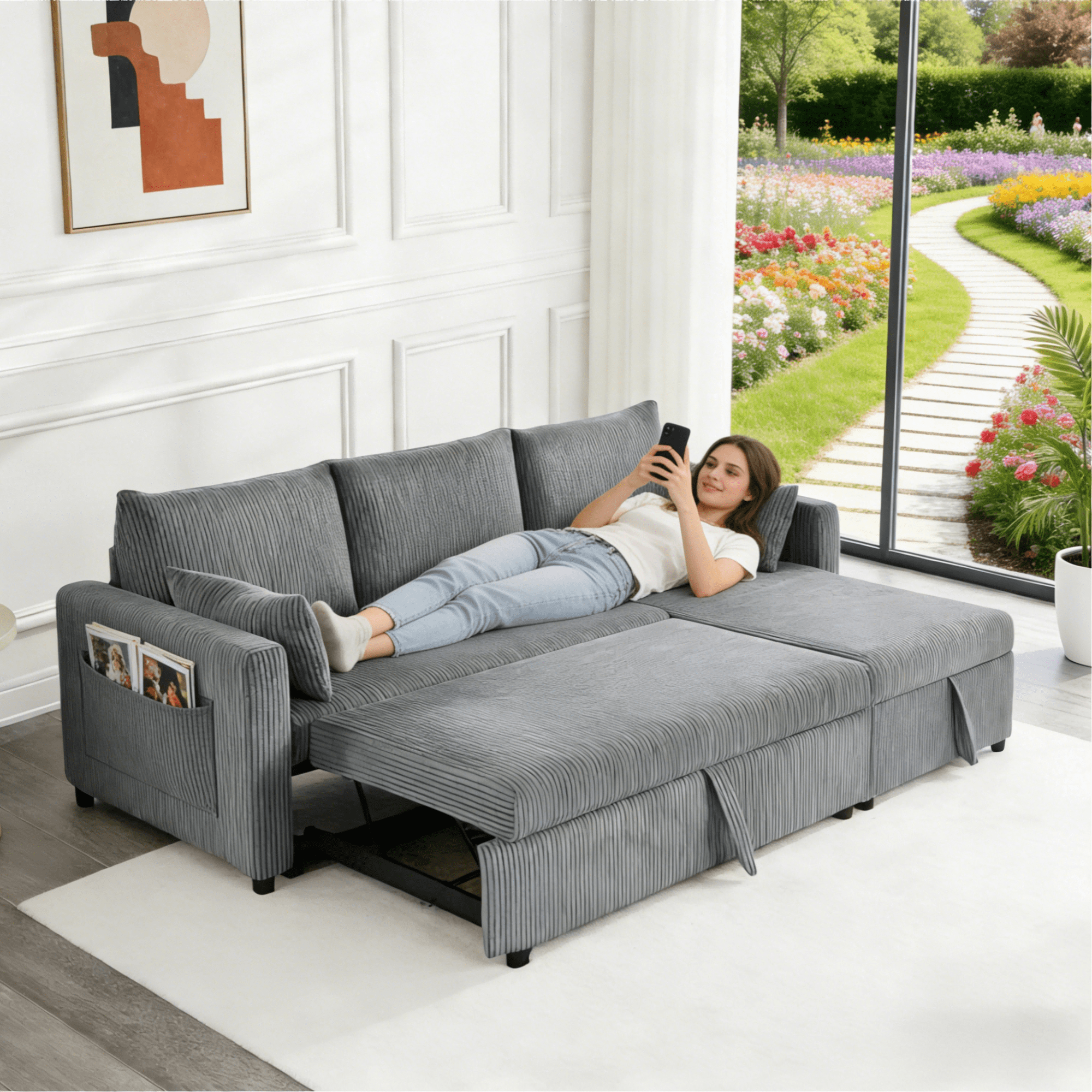 Gewnee L-Shaped Corduroy Convertible Sleeper Sofa Bed with Storage Chaise, 3-Seater Corduroy Sectional Couch for Small Living Room Apartment Office Dark Gray