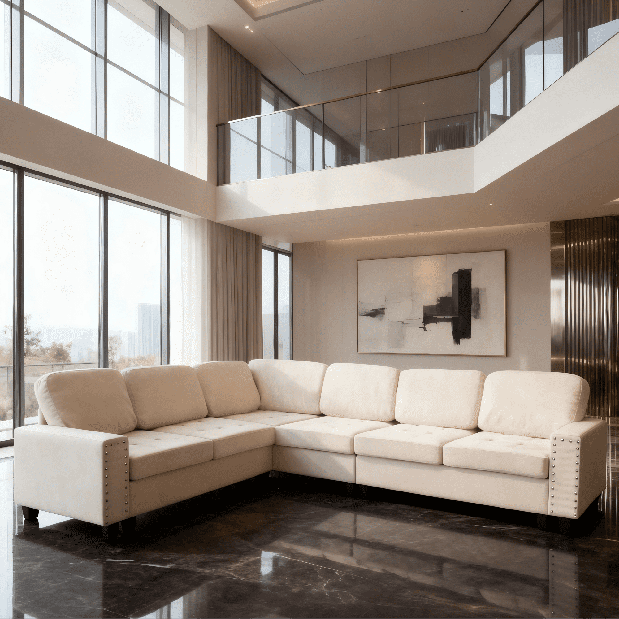 Gewnee Beige L - Shaped Reversible Sectional Sofa, Soft Breathable Fabric 6 - Seater 107.9" for Living Room Office