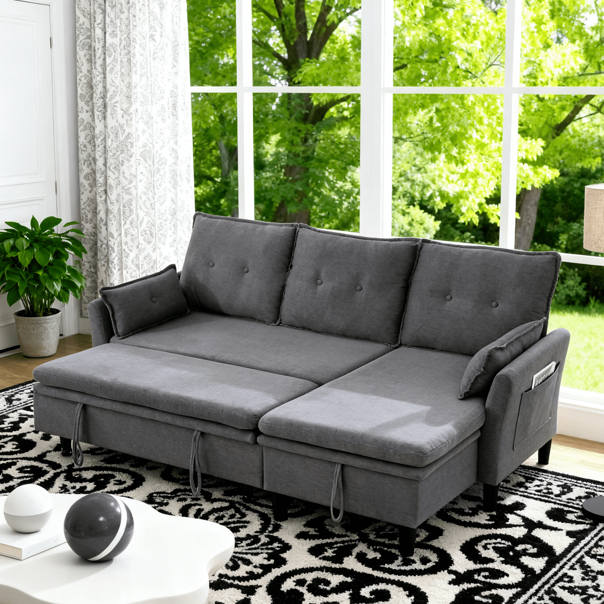 Gewnee L-Shaped Sectional Sofa,Reversible Chaise with Storage,Pull-Out Type Sofa Bed.Suitable for Apartments & Offices.Dark Grey