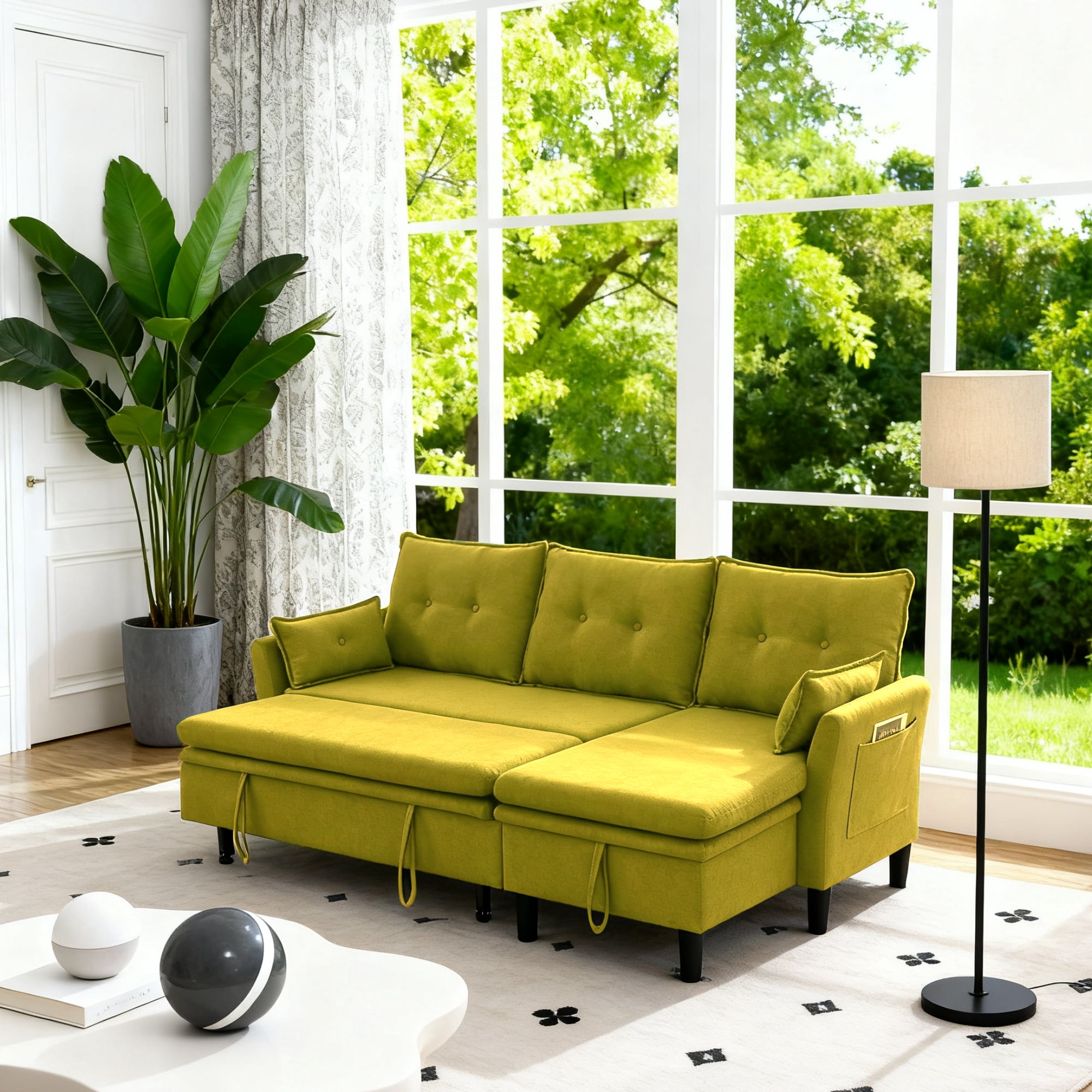 Gewnee L-Shaped Sectional Sofa,Reversible Chaise with Storage,Pull-Out Type Sofa Bed.Suitable for Apartments & Offices.Green