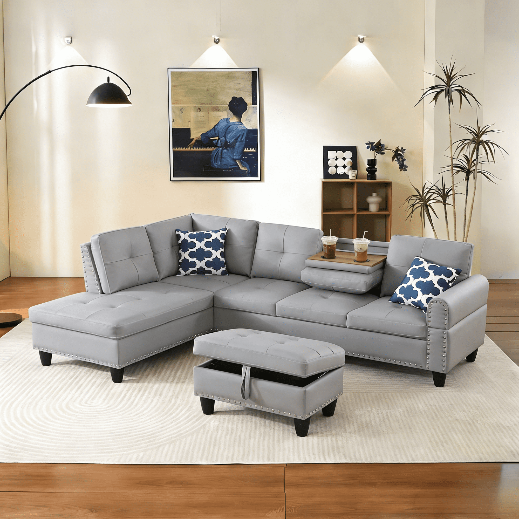 Gewnee L-Shaped Sectional Sofa with Nailhead Trim, Fold-Down Cup Holder, Storage Ottoman & 2 Toss Pillows for Living Room, Gray