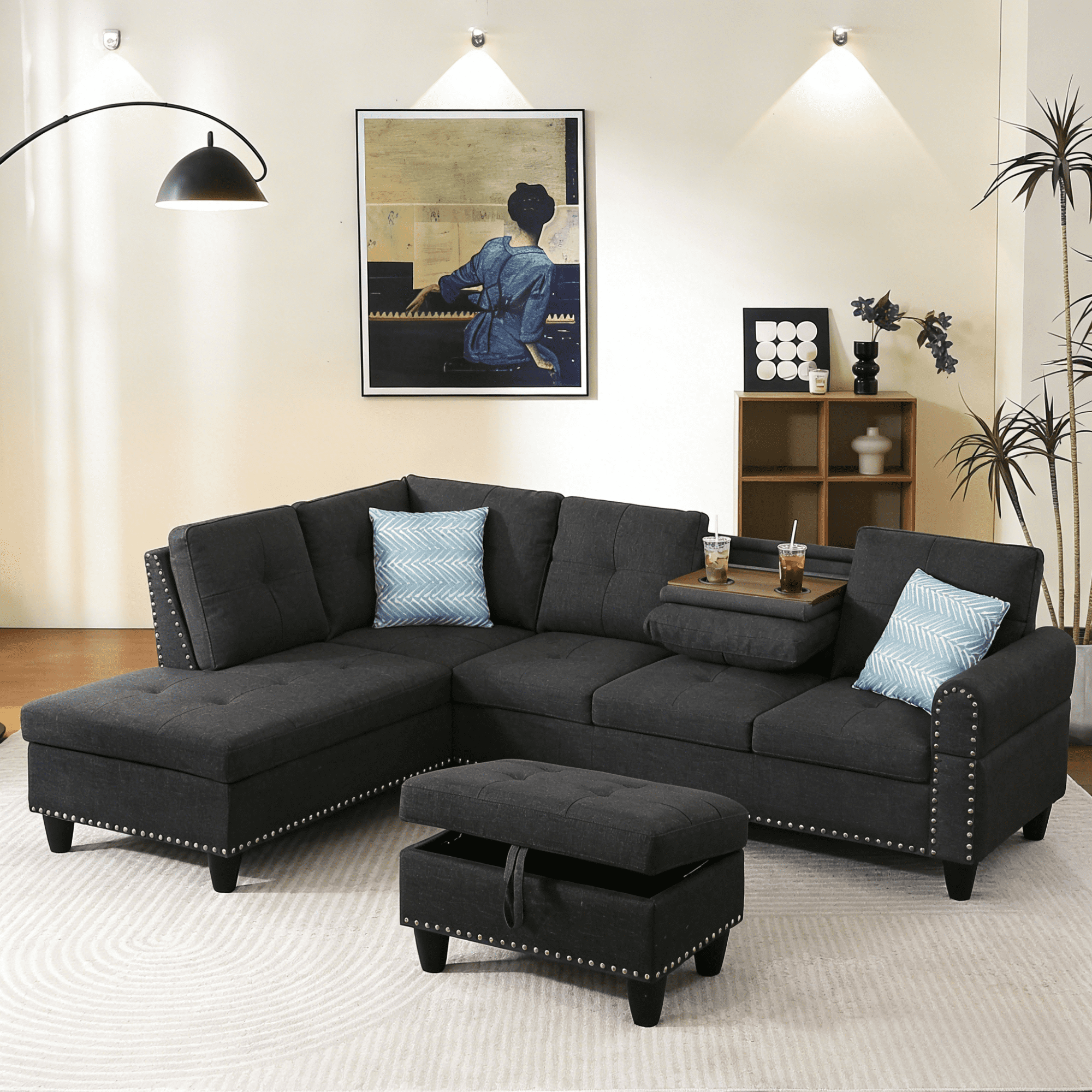 Gewnee L-Shaped Sofa & Chaise Sectional, Linen Blend Fabric Upholstered Couch with Storage Ottoman, Nailhead Trim and Toss Pillows for Living Room Apartment, Charcoal Grey