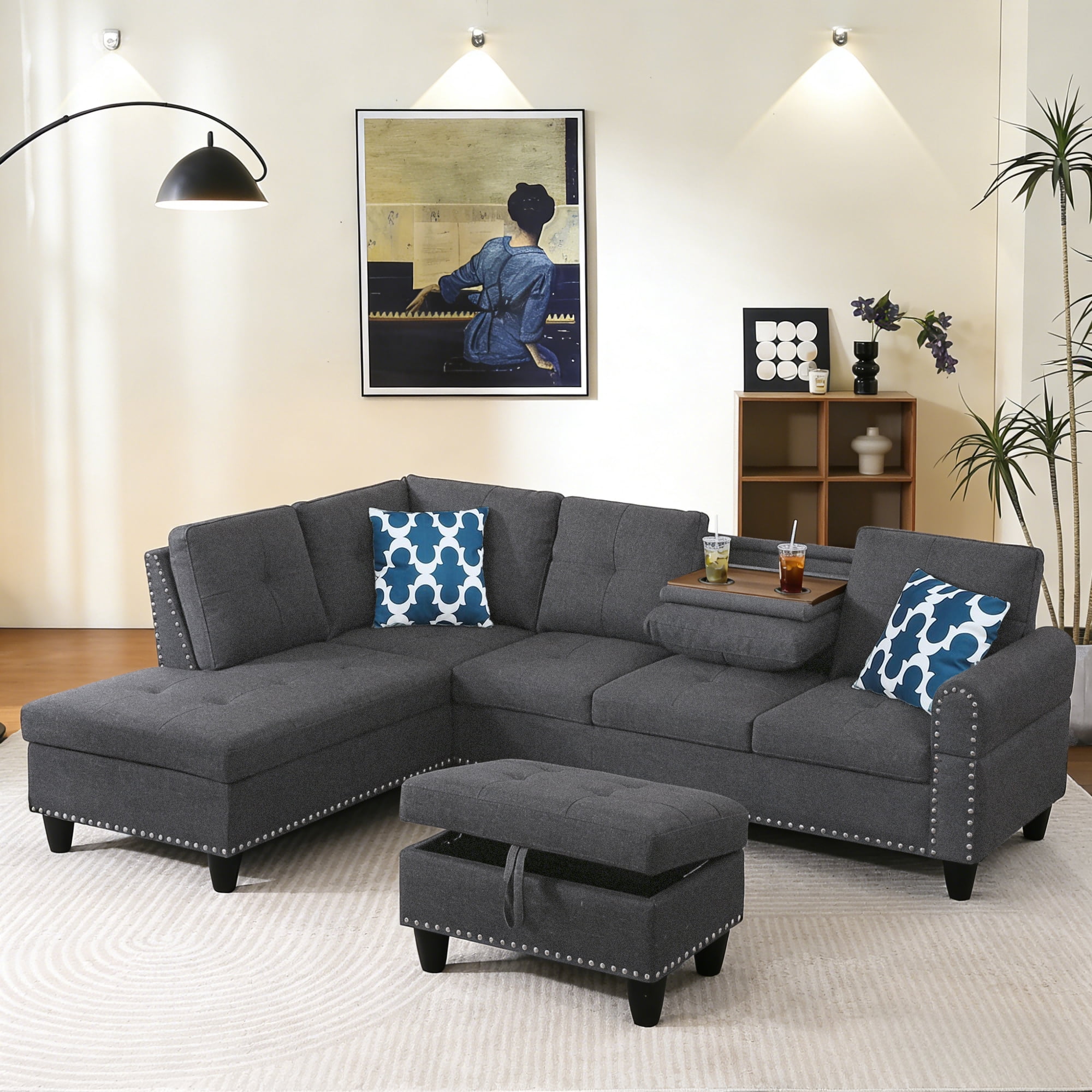 Gewnee L-Shaped Sofa & Chaise Sectional, Linen Blend Fabric Upholstered Couch with Storage Ottoman, Nailhead Trim and Toss Pillows for Living Room Apartment, Dark Gray