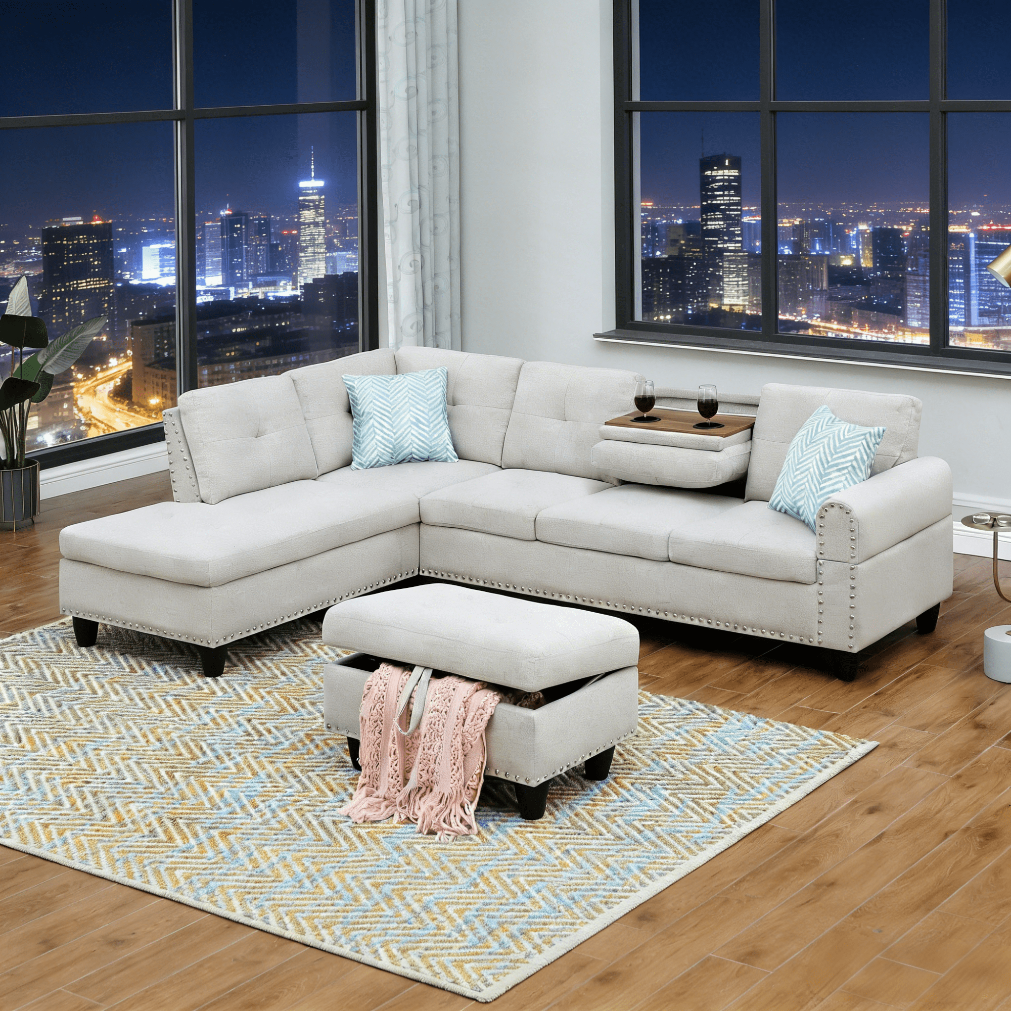 Gewnee L-Shaped Sofa & Chaise Sectional, Linen Blend Fabric Upholstered Couch with Storage Ottoman, Nailhead Trim and Toss Pillows for Living Room Apartment,Light Gray