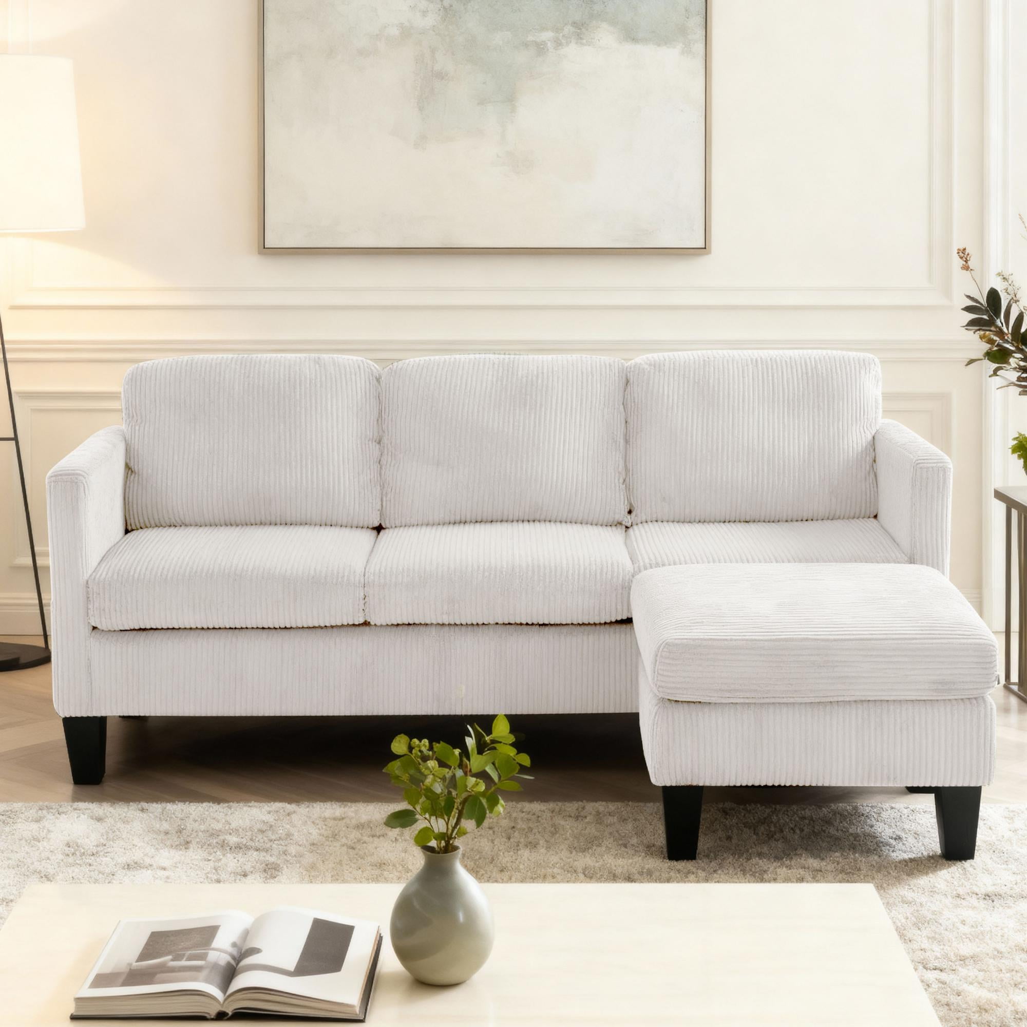 Gewnee L-Shaped Sofa,Modern Three-Seaters Upholstered Sofa,Equipped with Storage Ottoman and Side Pockets,Removable Backrest Cushion.Suitable for Apartments and Living Rooms.Off White