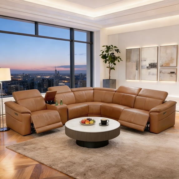 Gewnee Light Brown Air Leather Power Reclining Sofa with Storage, Cup Holders, USB Charging and LED Lights, Solid Wood Frame, for Living Room