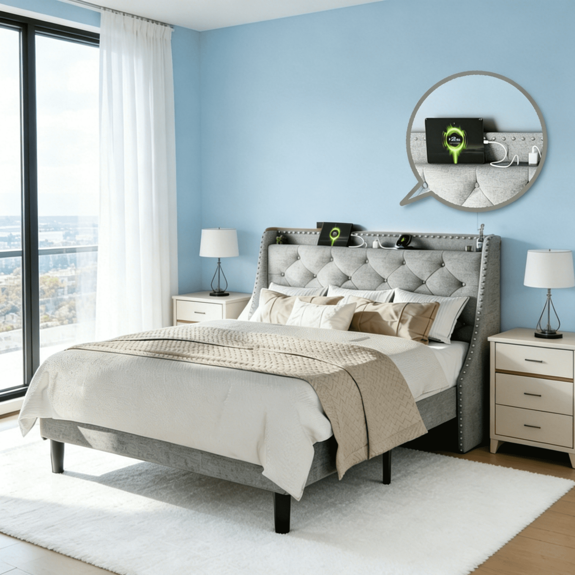 Gewnee King Size Platform Bed - 16" Wingback Headboard,Built-in Charging Station,8" Underbed Storage No Box Spring Required.Light Gray