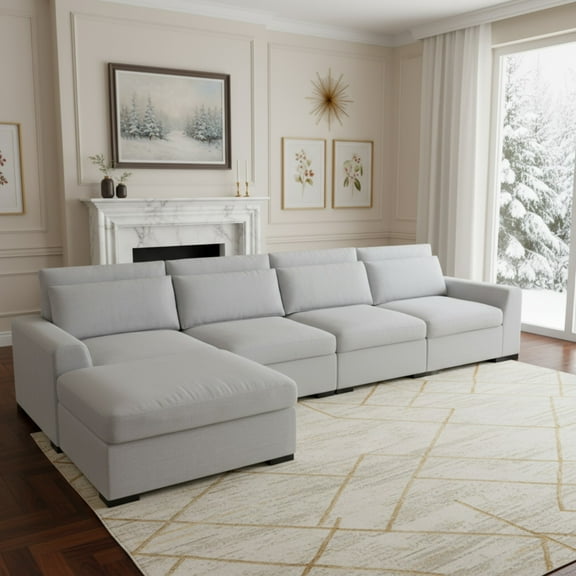 Gewnee Light Grey 149" Modular Sectional Sofa with Ottoman - 5-Seat Linen Blend, Removable Cushions for Living Room