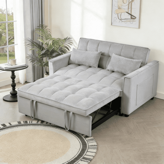 Gewnee Light Grey 52.75" Convertible Sleeper Sofa Bed with Adjustable Backrest, Storage Pocket & Solid Wood Frame for Living Room