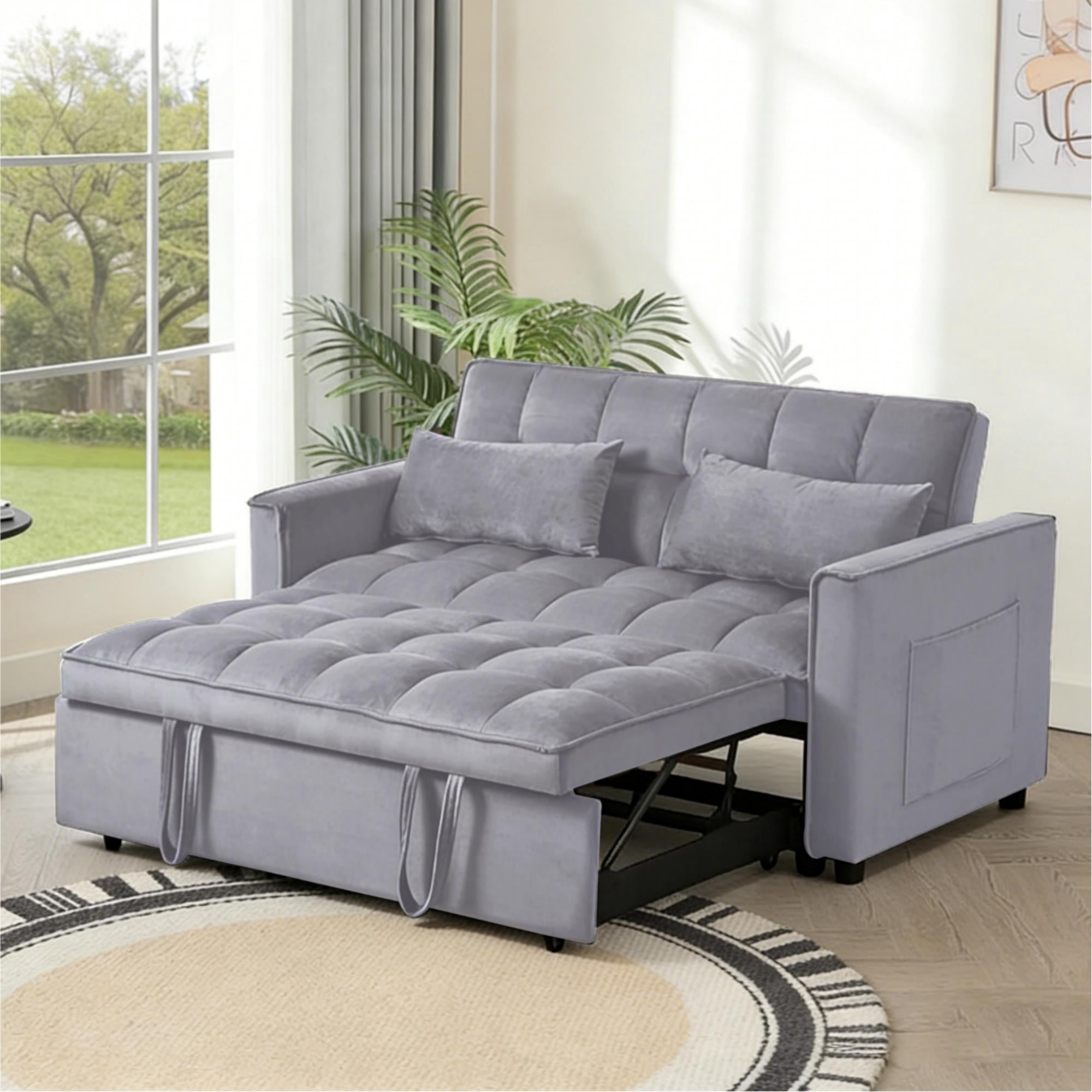 Gewnee 52.75 Inch 3 in 1 Convertible Sofa Bed,Velvet Pull Out Couch WITH Adjustable Backrest & Storage Pockets for Living Room,Apartment.Light Grey