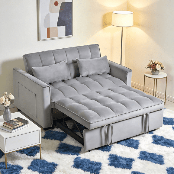 Gewnee Light Grey 52.75 Inch Convertible Sleeper Sofa Bed with Adjustable Backrest, Storage Pocket & Solid Wood Frame for Living Room