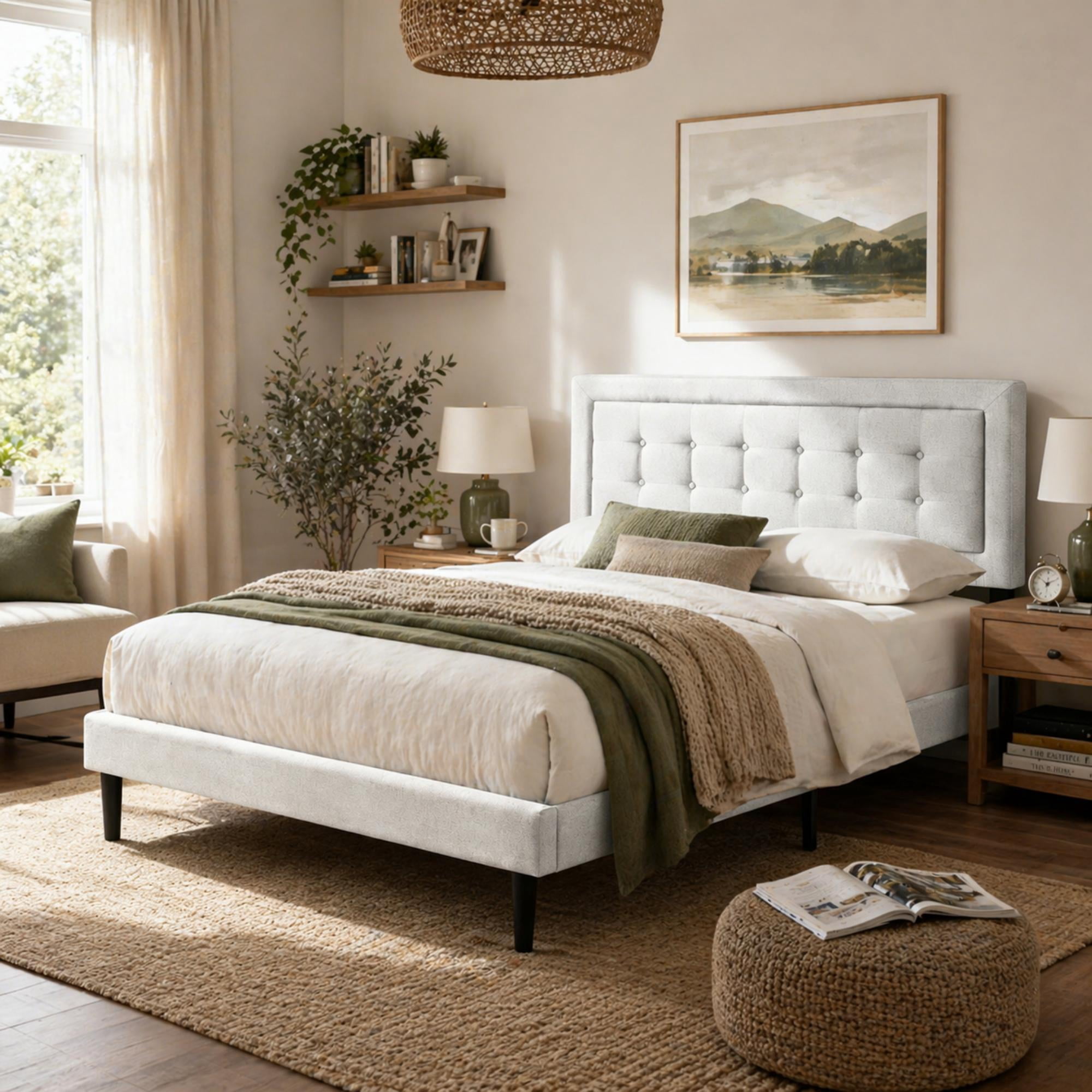 Gewnee Queen Size Platform Bed Frame with Upholstered Tufted Headboard,Wood Slats Support,Easy Assembly,No Box Spring Needed,Light Grey