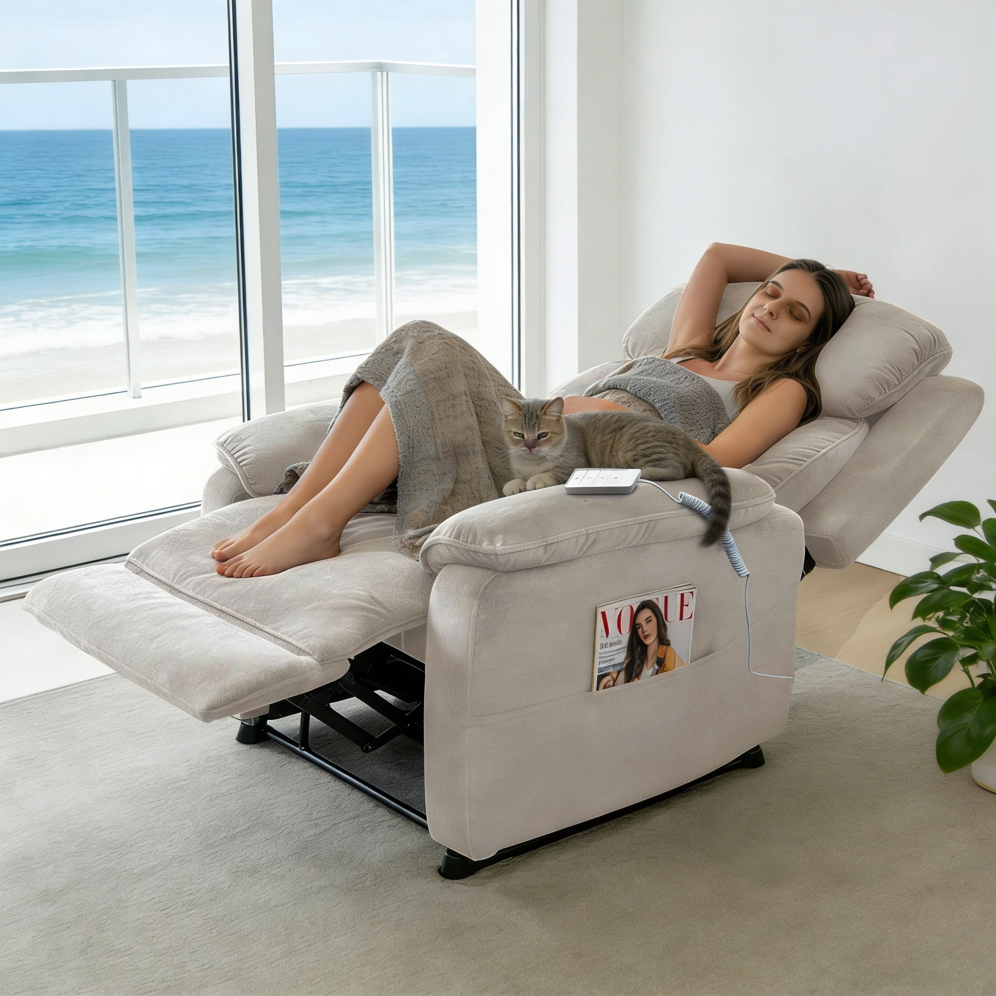 Gewnee Light Khaki 34.84" Power Recliner, Solid Wood Frame Chenille Upholstery, for Home Office Living Room